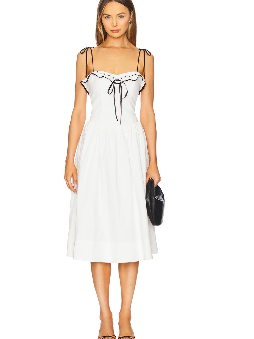 Majorelle Carol White Tie-Shoulder Midi Dress with Black Trim